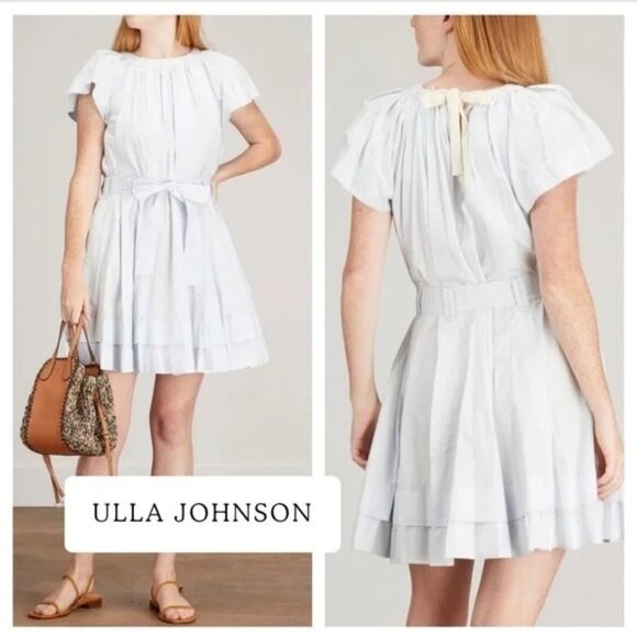 🆕ULLA JOHNSON Mae Flutter Sleeve Belted Cotton Mini Dress Sea Glass Blue 8